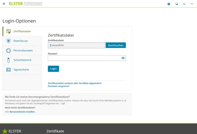ELSTER Login-Seite des Finanzamts