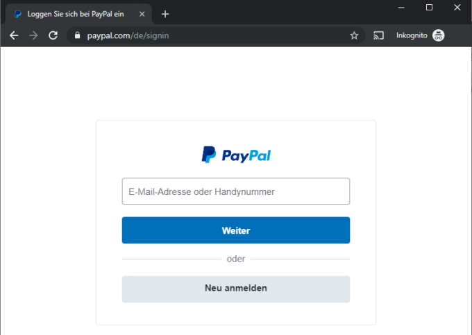 Screenshot: Formular zum Einloggen bei Paypal